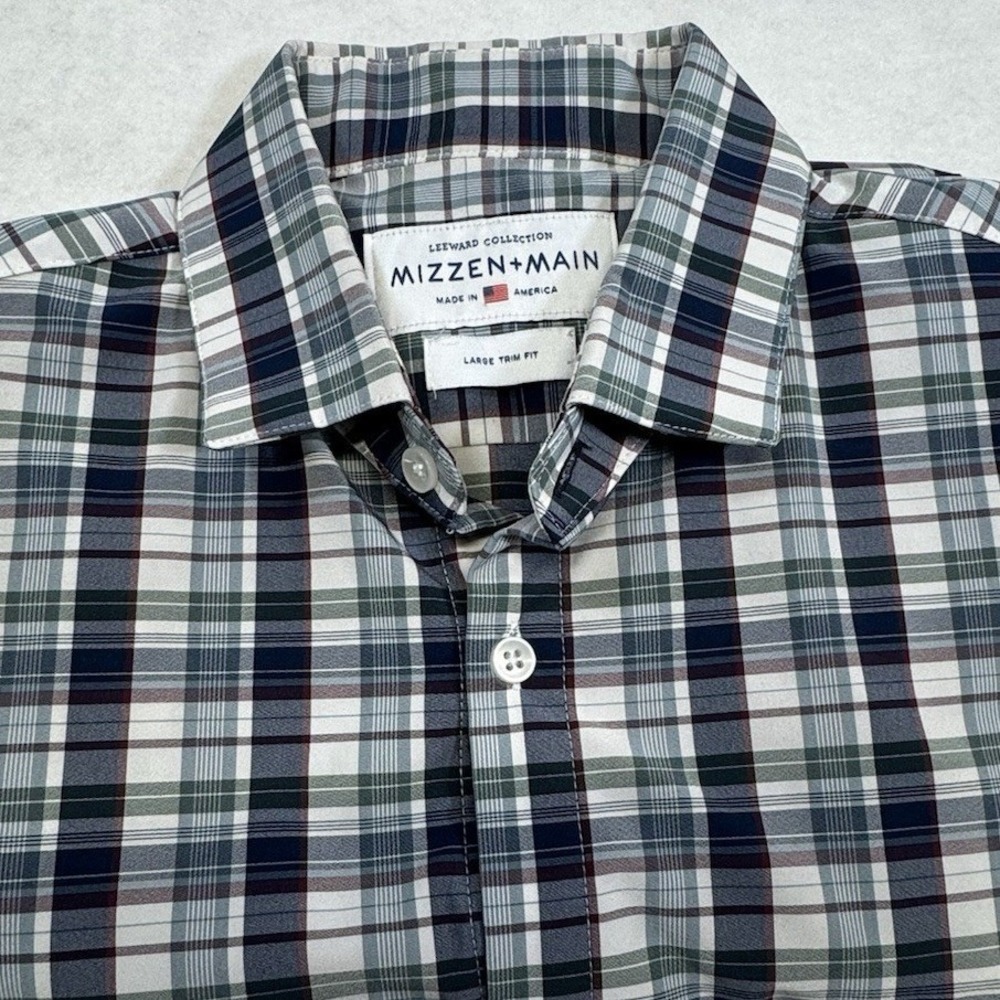 Mizzen+Main Leeward Dress Shirt Mens Large Trim Fit Plaid‎ Stretch Performance